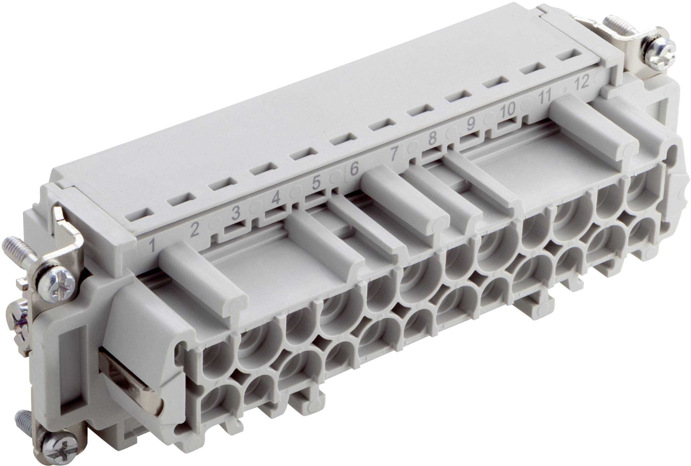Grauer Elektronikstecker mit 24 Buchsen und Schrauben an den Seiten, nummeriert von 1 bis 12.