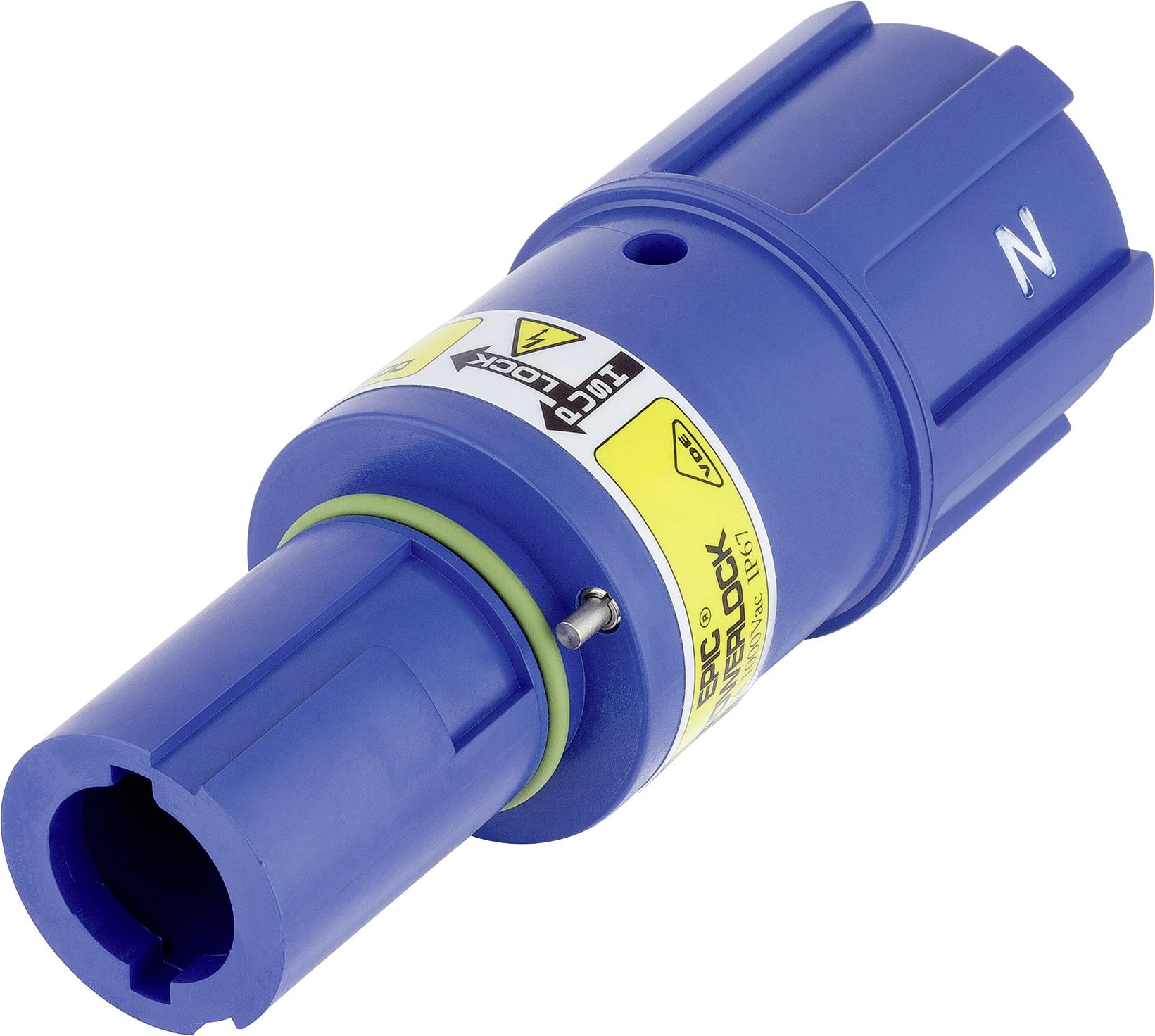 Blauer elektrischer Stecker mit Sicherheitsmarkierungen und Aufschrift 'ZUG-LOCK N'.