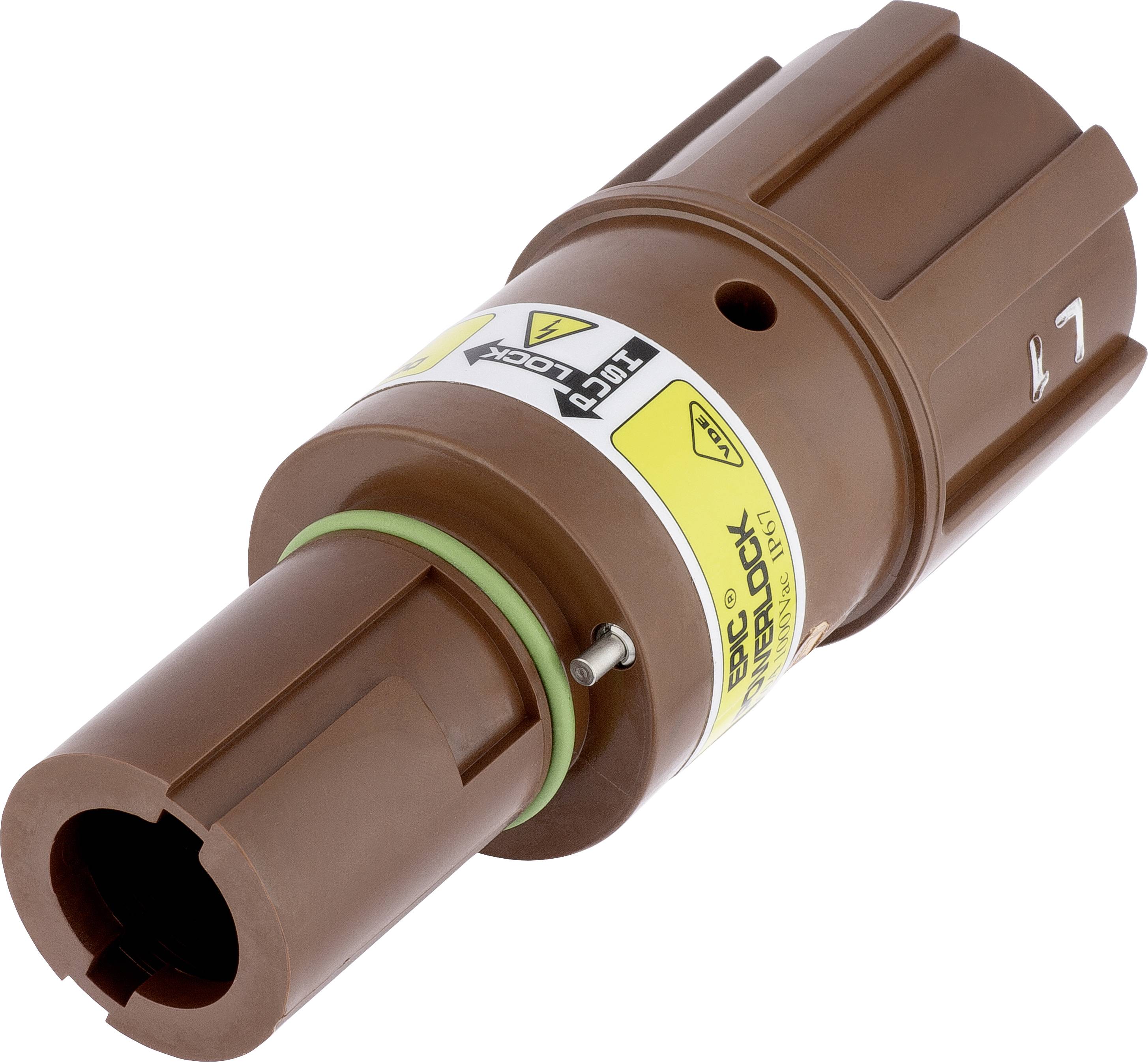 Elektrischer Stecker in Braun mit Sicherheitsmarkierungen und gelbem Warnsymbol. Geeignet für industrielle Anwendungen.