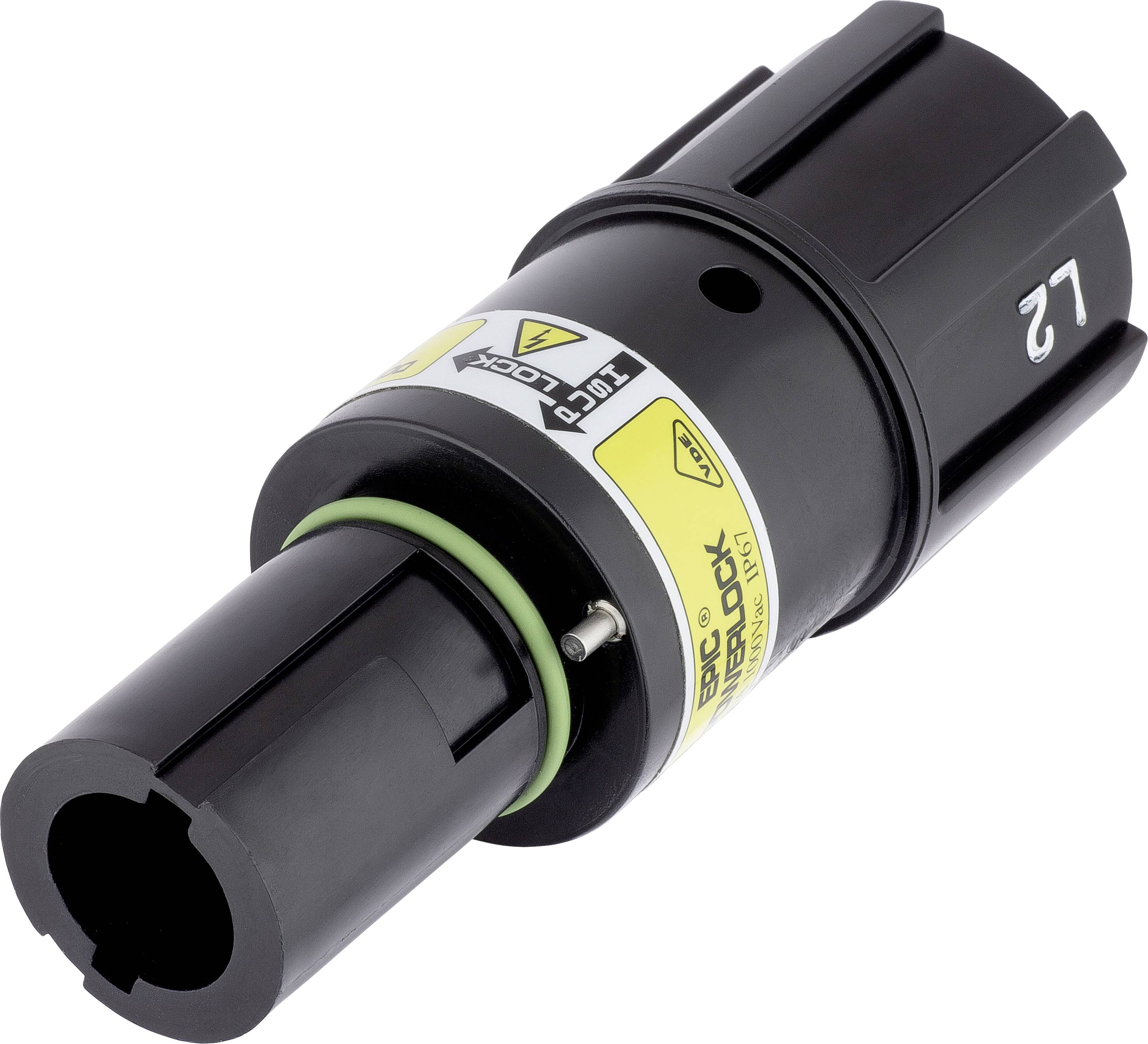 Schwarzer, zylindrischer Adapter mit gelben Markierungen und einem grünen Ring in der Mitte. Beschriftet mit 'BRC Overlock Plug'.