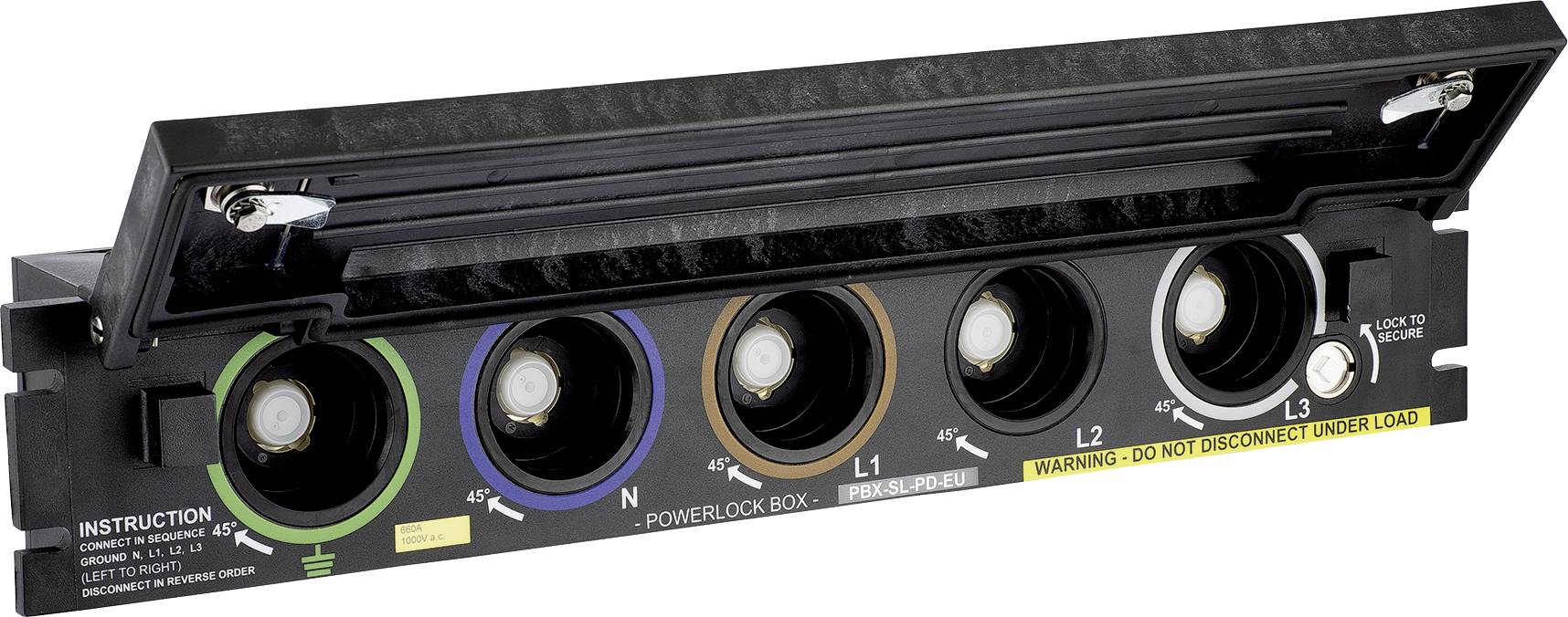 Ein schwarzer Powerblock mit fünf elektrischen Buchsen, beschriftet mit 'N', 'L1', 'L2', 'L3' und Erdungssymbol. Warnhinweis: 'Nicht unter Last trennen'.