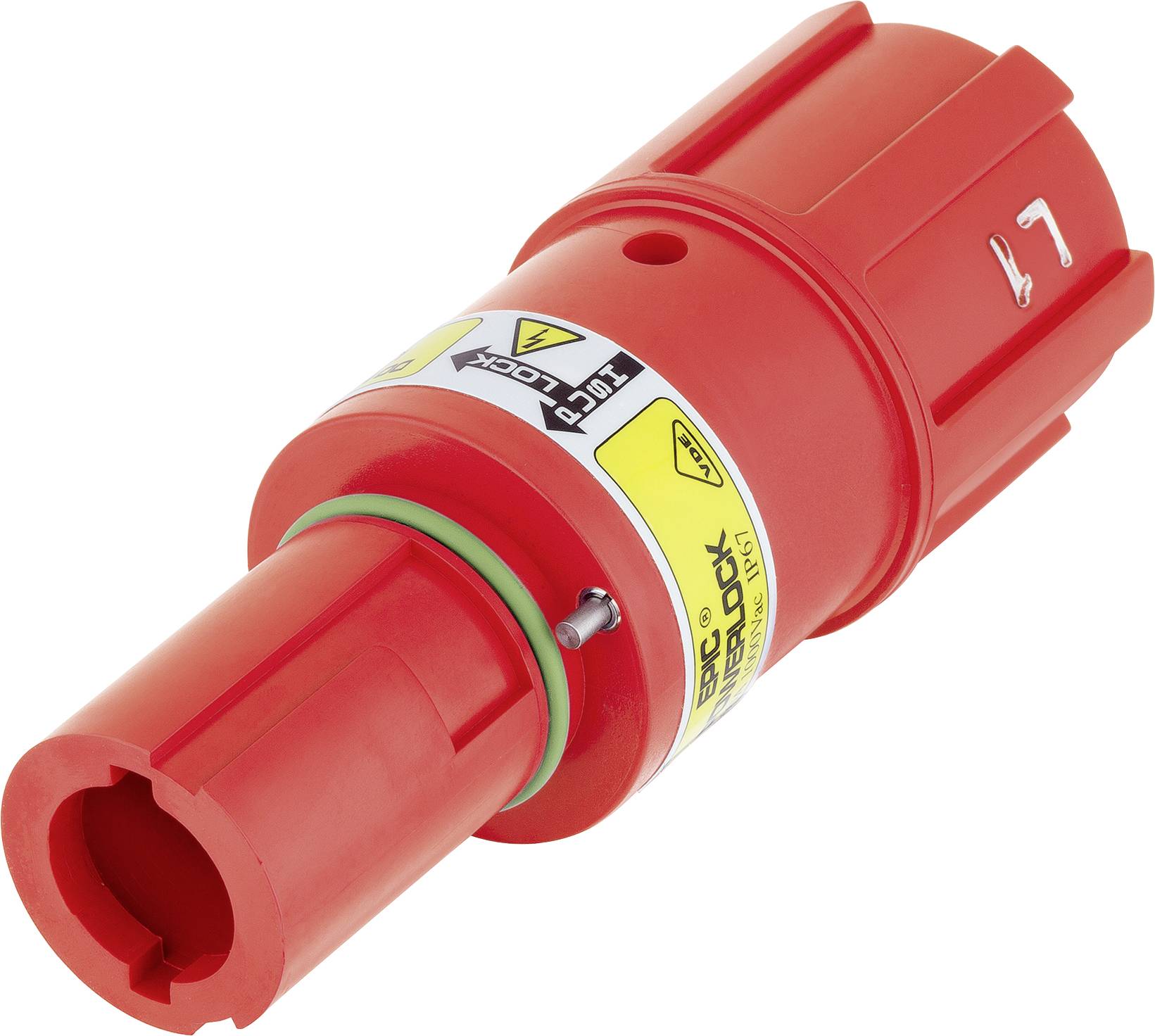 Rotes Sicherheitsschloss mit Aufschrift 'Zug-Lock', gelber und weißer Etikettierung. Verhindert unbeabsichtigtes Öffnen von Verbindungen.