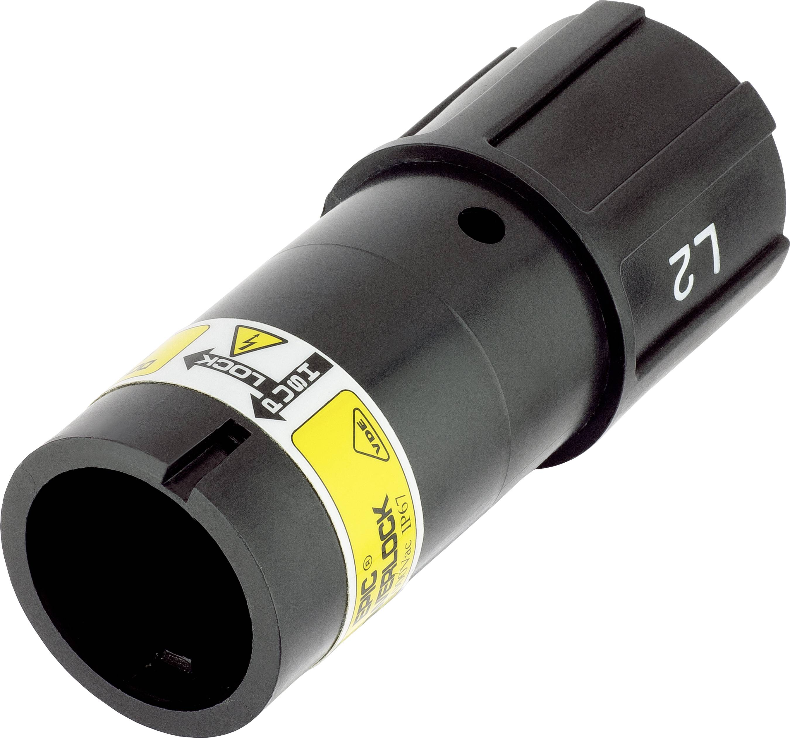 Ein schwarzer Verriegelungsadapter für elektrische Verbindungen, markiert mit 'L2' und Sicherheitsanweisungen auf gelbem Aufkleber.