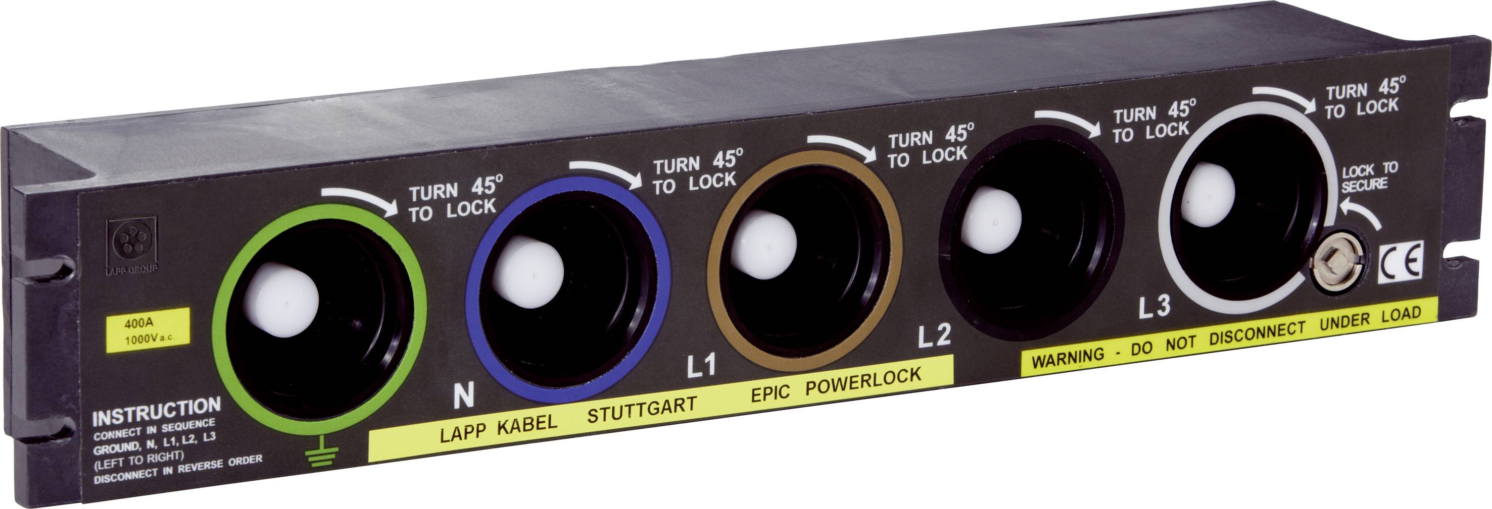 Powerlock-Panel mit fünf farblich gekennzeichneten Anschlüssen für Hochstromverbindungen: N, L1, L2, L3. Hinweis: Nicht unter Last trennen.