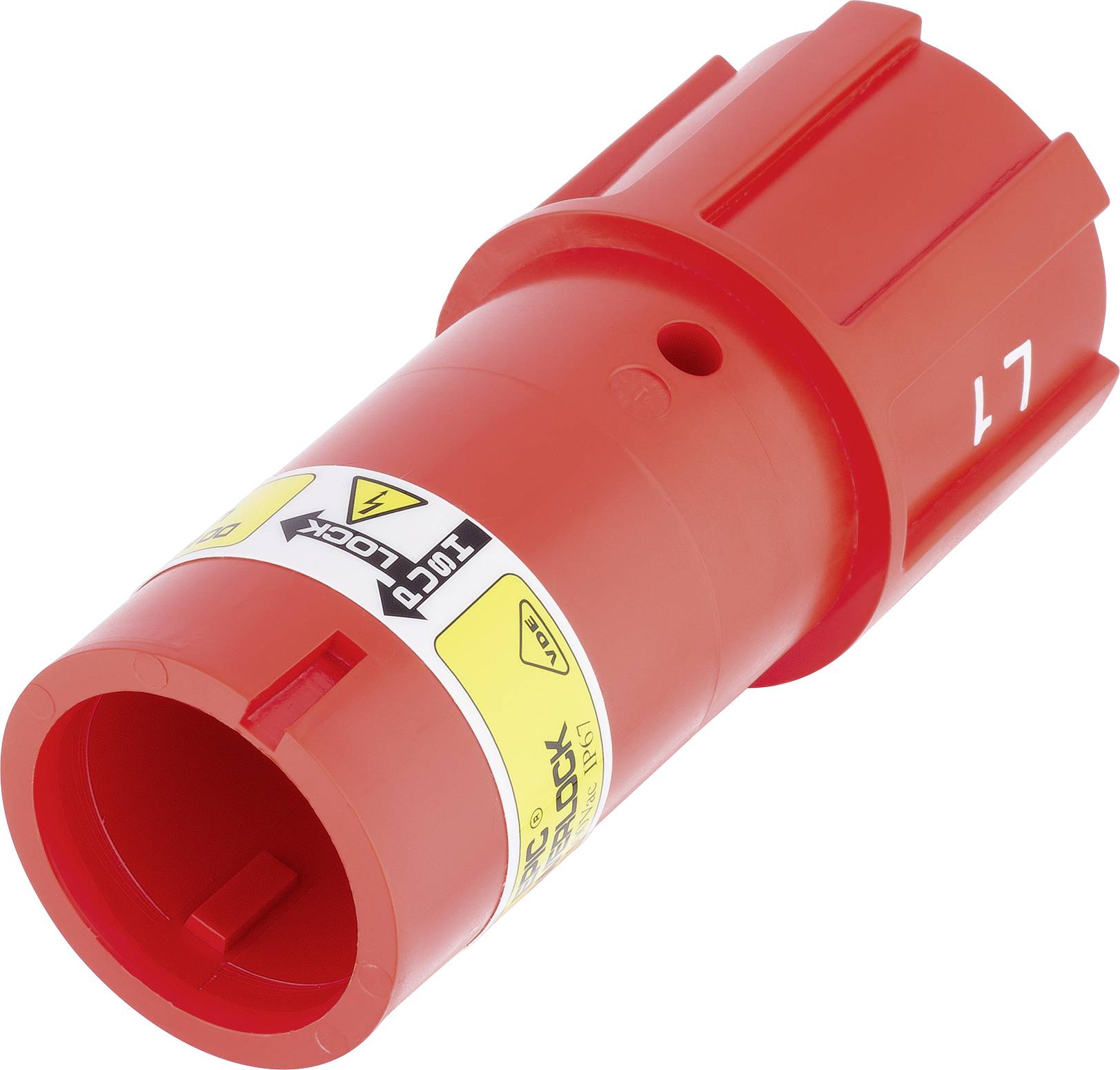 Ein rotes, zylinderförmiges Sicherheitsverriegelungsgerät mit Warnetiketten und der Aufschrift 'Lock' zur Verriegelung von Maschinen.