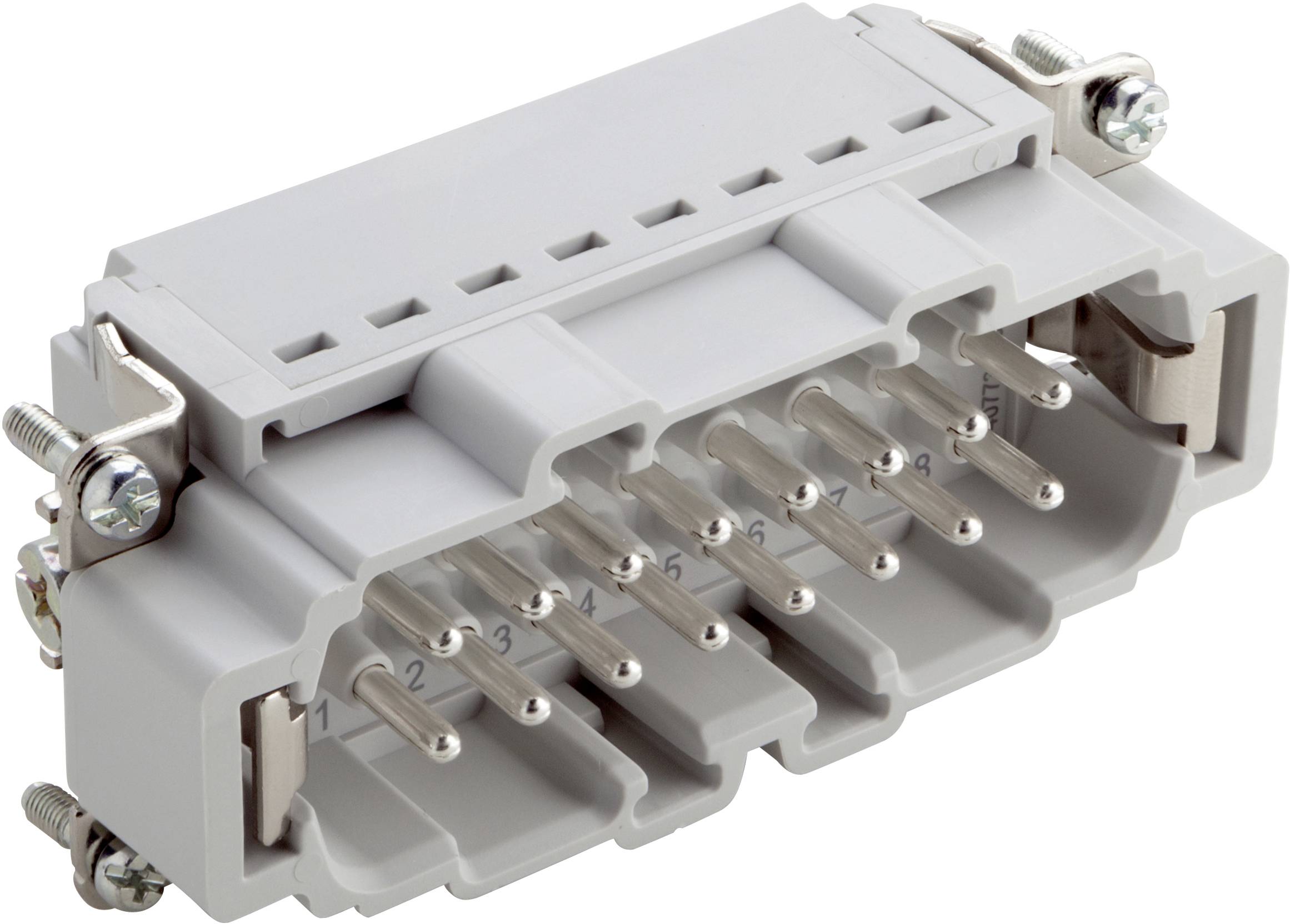Mehrpoliger Stecker mit Metallkontakten und Befestigungsschrauben, geeignet für industrielle Anwendungen und elektrische Verbindungen.