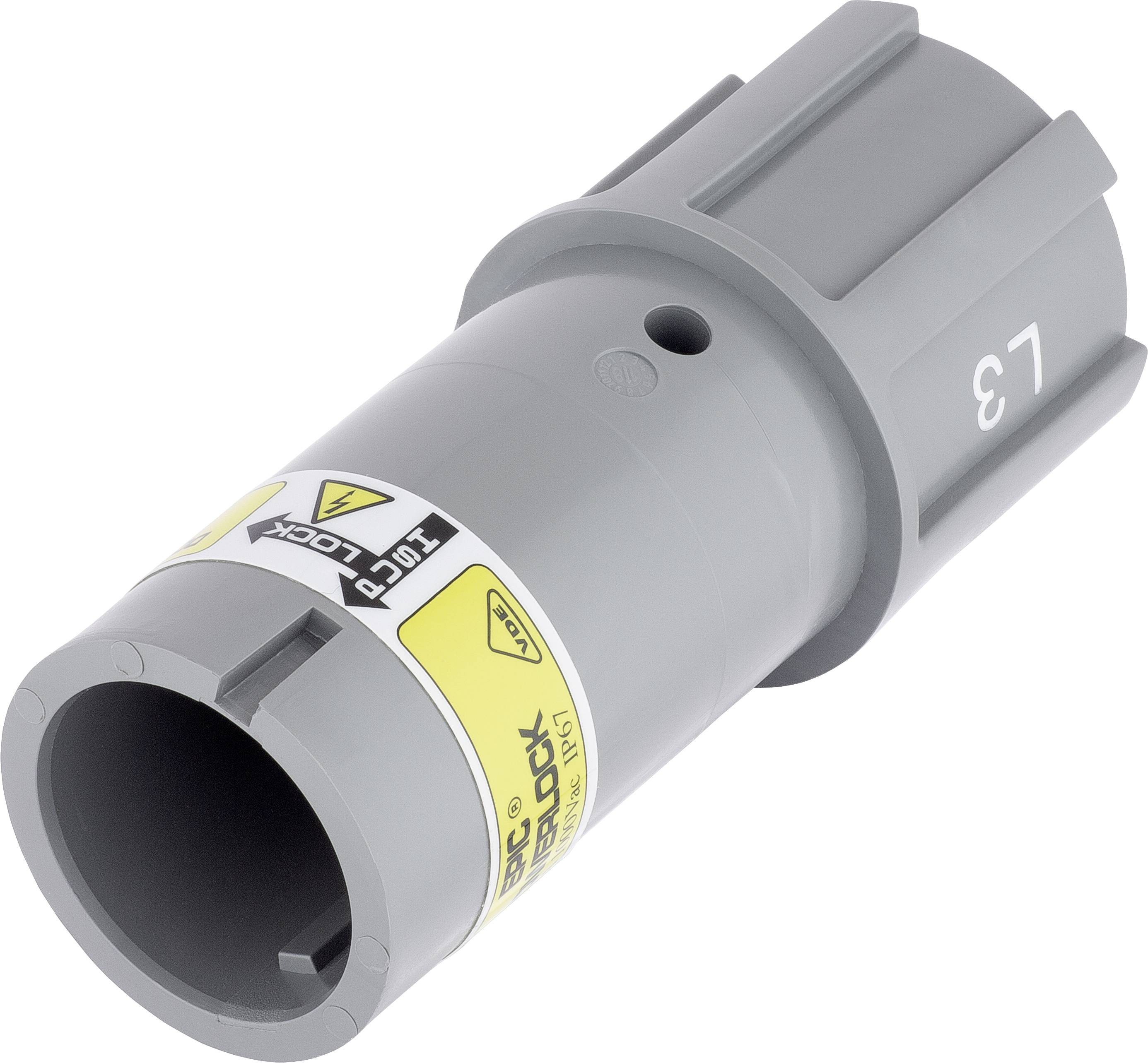 Grauer, zylindrischer Adapter mit Warnhinweisen, Aufschrift 'L3', vermutlich für industrielle Anwendung oder Ausrüstung.