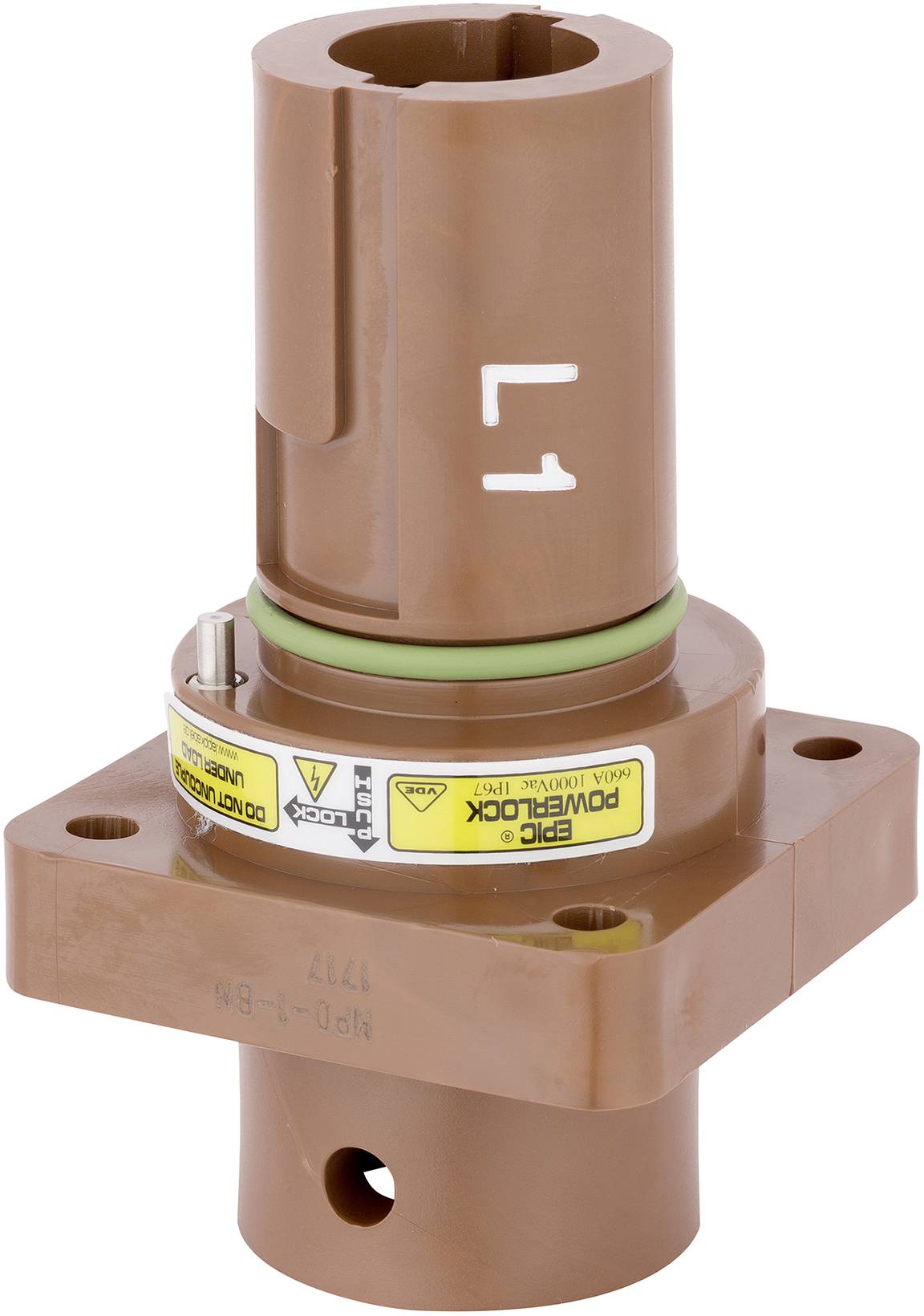 Brauner elektrischer Anschluss, zylindrische Form, mit grüner Dichtung und gelbem Sicherheitshinweis. Eignet sich für industrielle Anwendungen.