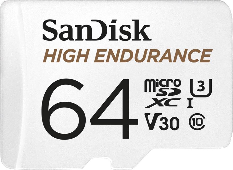 Eine SanDisk High Endurance microSD-Karte mit 64 GB, geeignet für Videoüberwachung, Dashcams und intensive Nutzung.