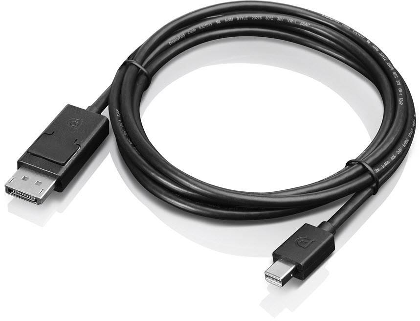 Ein schwarzes DisplayPort-Kabel mit einem rechteckigen Stecker an einem Ende und einem kleineren, flachen Stecker am anderen Ende.