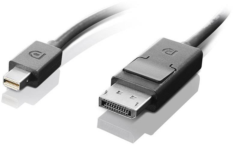 Ein schwarzes Kabel mit Mini DisplayPort-Stecker auf der einen Seite und einem DisplayPort-Stecker auf der anderen Seite.