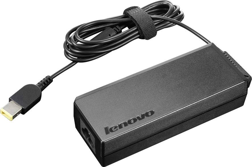 Schwarzes Lenovo-Ladegerät mit Kabel und rechteckigem Anschluss.