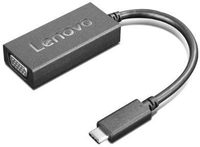 'Lenovo USB-C zu VGA Adapter' zeigt ein kleines schwarzes Gerät mit einem USB-C-Anschluss und einem VGA-Anschluss, das zur Bildschirmausgabe dient.