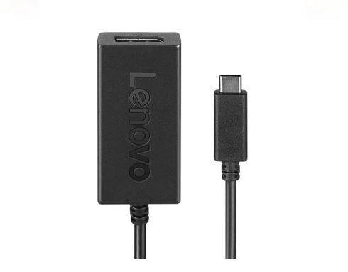 Ein schwarzer Adapter von Lenovo mit einem USB-C-Stecker und einem rechteckigen Anschluss.