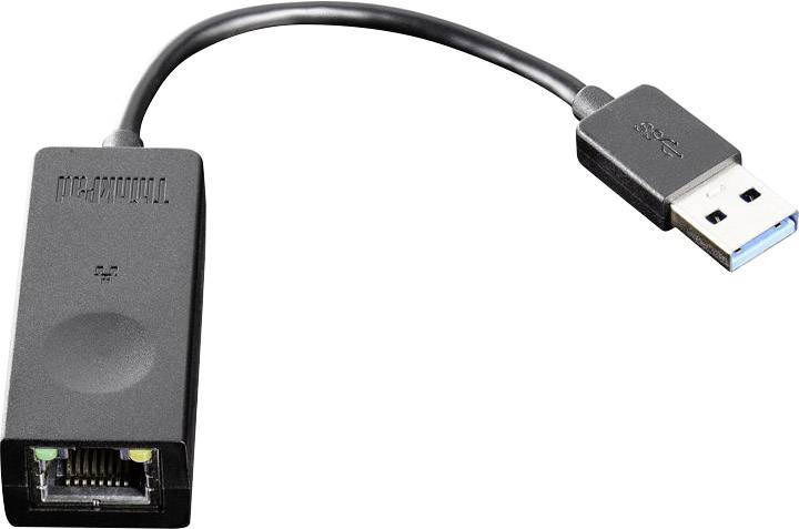 USB-zu-Ethernet-Adapter mit schwarzem Kabel. Links ein Ethernet-Anschluss, rechts ein USB-Stecker.