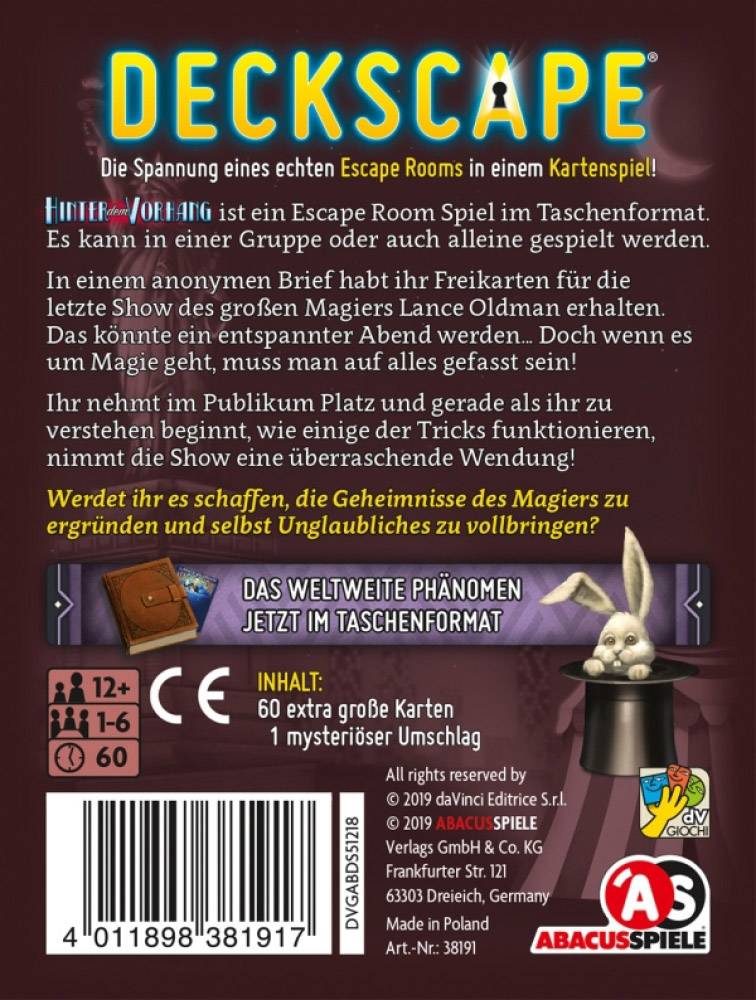 Abacus Spiele Deckscape - Hinter dem Vorhang 38191 Anzahl Spieler (max.): 6