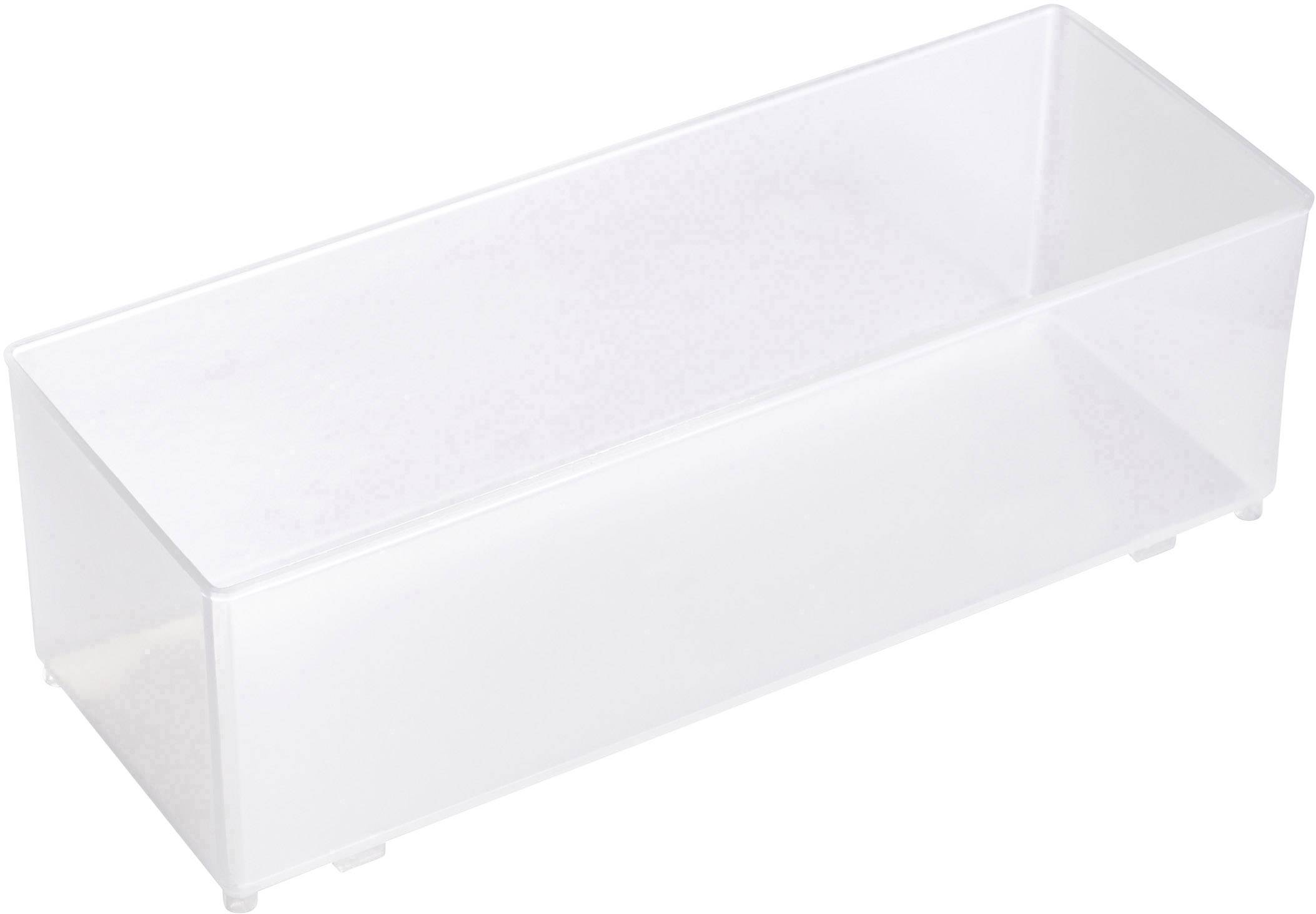 Transparente, rechteckige Kunststoffbox, leer dargestellt, vor weißem Hintergrund.