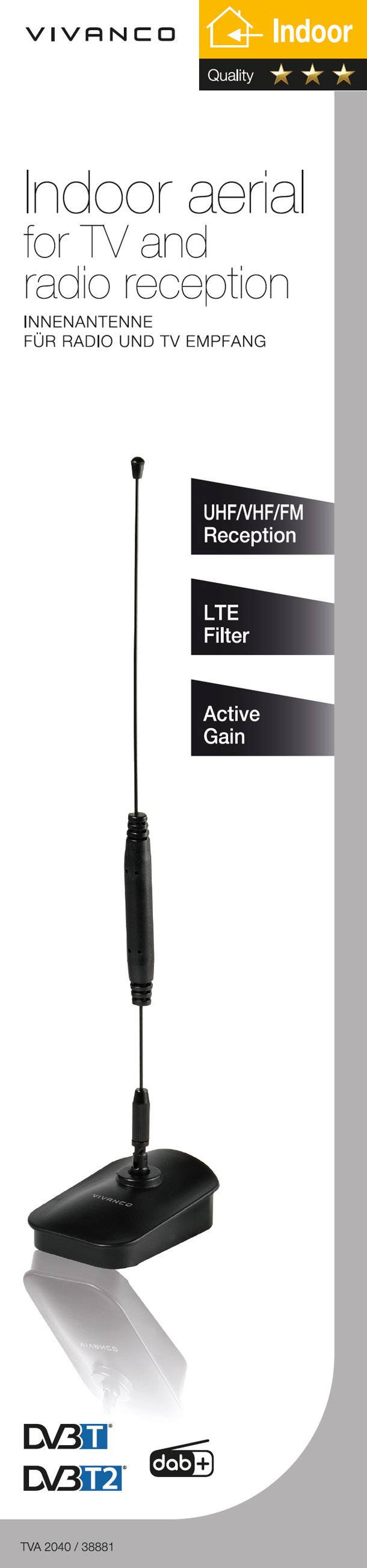 Vivanco TVA 2040 Aktive DVB-T/T2-Stabantenne Innenbereich Schwarz