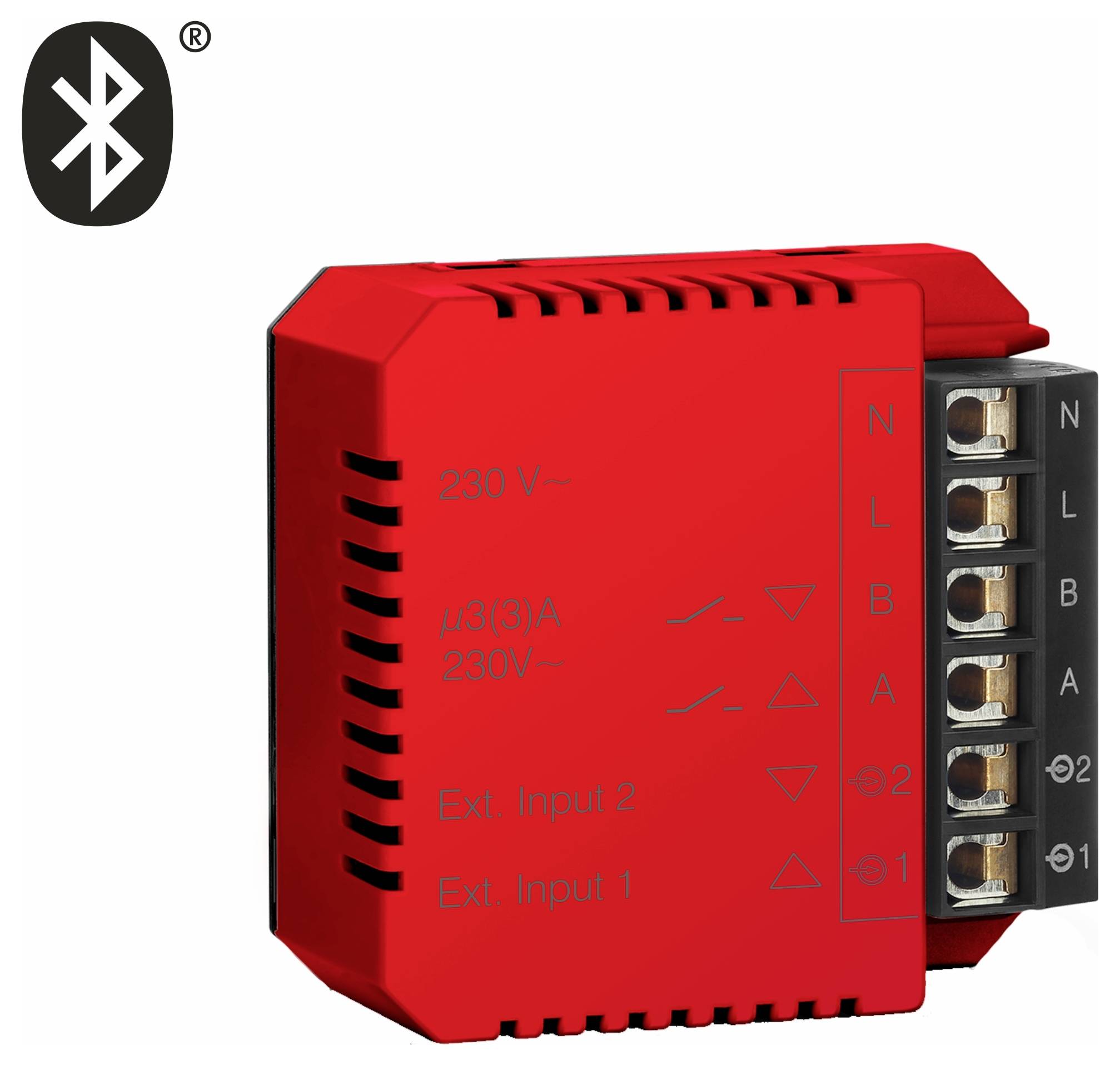Ein roter intelligenter Hausschalter mit Bluetooth-Funktionalität, beschriftet mit Ein-/Ausgabeanschlüssen, zur Steuerung von Haushalts-Elektrosystemen.