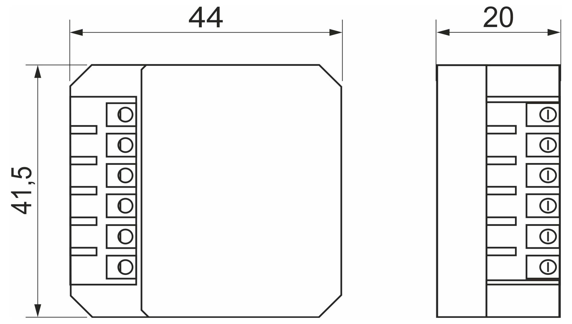 Technisches Schaltbild einer rechteckigen elektronischen Komponente mit den Abmessungen: 44x20x41,5 mm. Verfügt über fünf Anschlussklemmen.