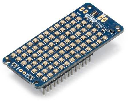 Eine rechteckige Platine mit einer Matrix aus LEDs und Pins für Arduino-Verbindungen, beschriftet mit 'Matrix 8x8 Shield'.