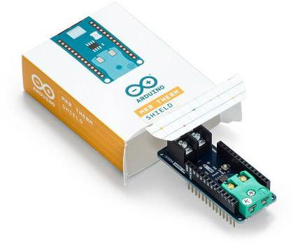 Arduino MKR Therm Shield in Verpackung, herausgezogen, zeigt Sensoren und Anschlüsse. Ideal zur Temperaturmessung in Projekten.
