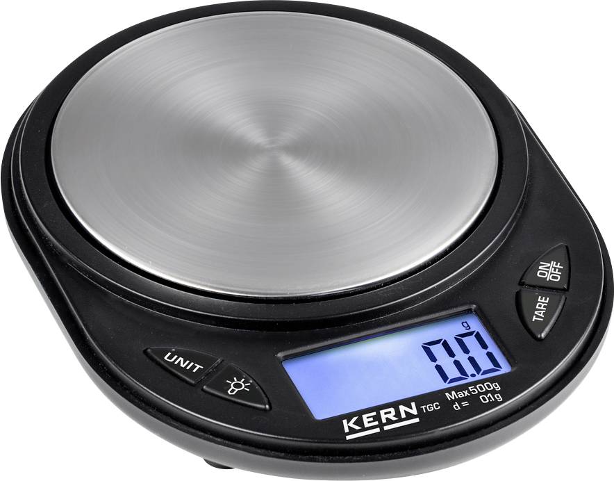 Eine digitale Küchenwaage mit rundem Edelstahl-Wiegeteller und blau beleuchtetem Display mit der Anzeige '0,0 g'.