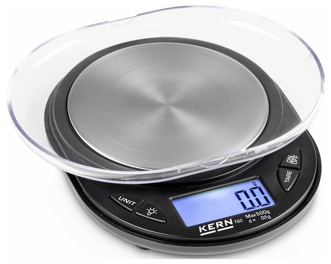 Digitale Küchenwaage mit rundem Edelstahlwiegeteller und blau beleuchtetem Display, das '0.0g' anzeigt. Tasten für Einheiten und An/Aus vorhanden.