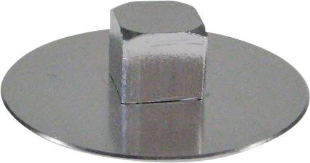 Metallscheibe mit einem zentralen, quadratischen Vorsprung, möglicherweise als Verbindungselement oder Befestigungspunkt verwendet.