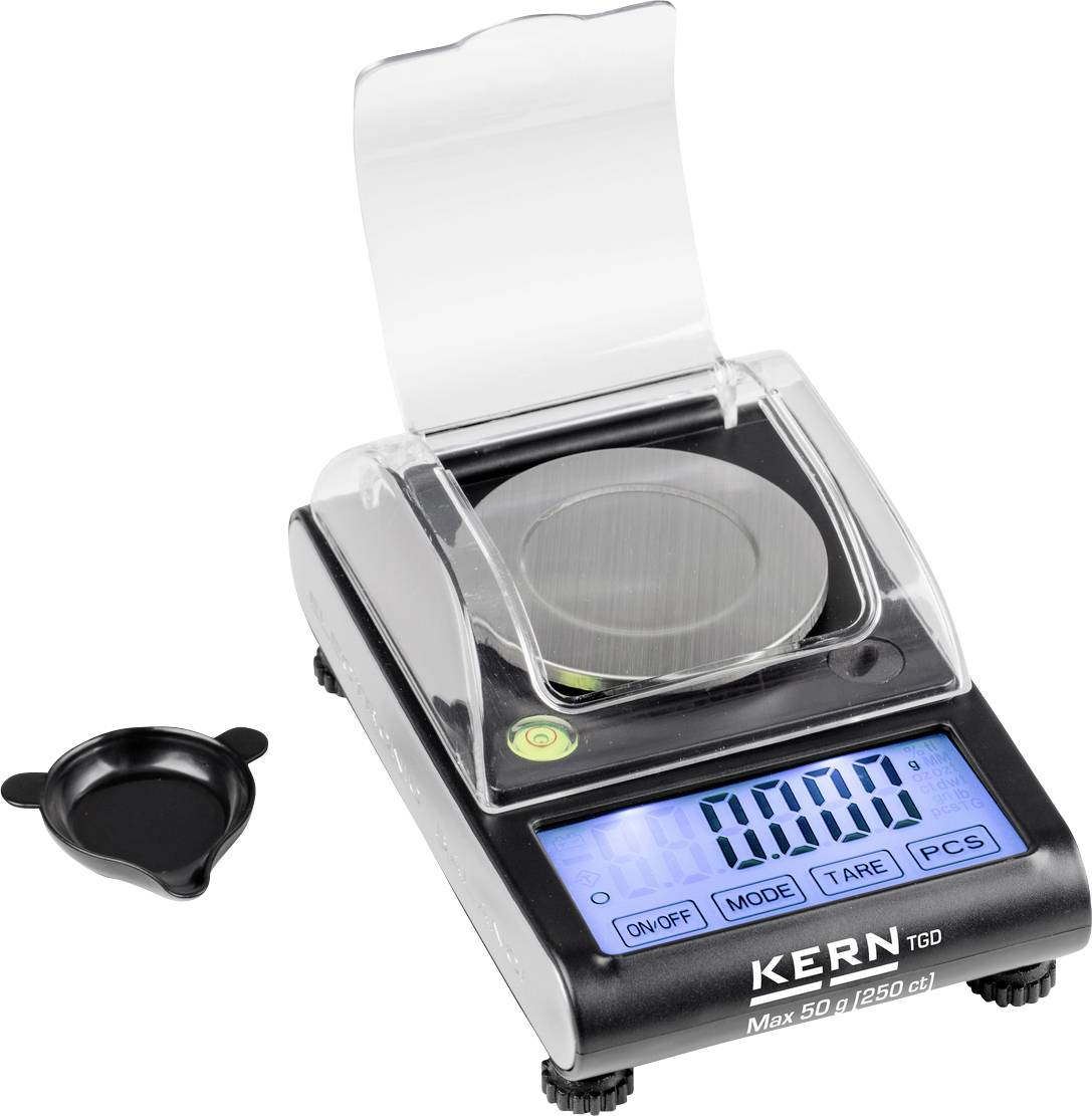Eine digitale Feinwaage der Marke Kern mit transparentem Schutzdeckel. Display zeigt '0.000', maximal 50g Kapazität.
