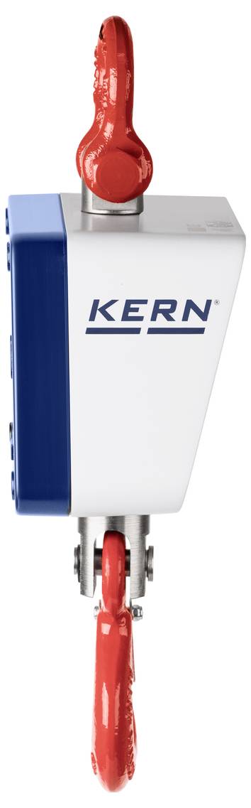Ein weißes Gerät mit der Aufschrift 'KERN' hat rote Haken oben und unten. Es ist seitlich mit einem blauen Streifen versehen.