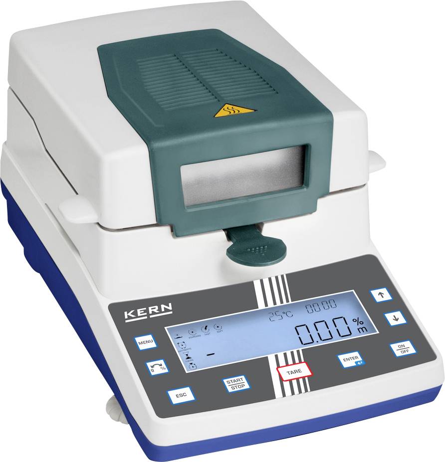 Feuchtigkeitsanalysator mit digitalem Display, Tastenfeld und Probenkammer für Laboranwendungen. Entworfen zur Bestimmung des Materialfeuchtigkeitsgehalts.