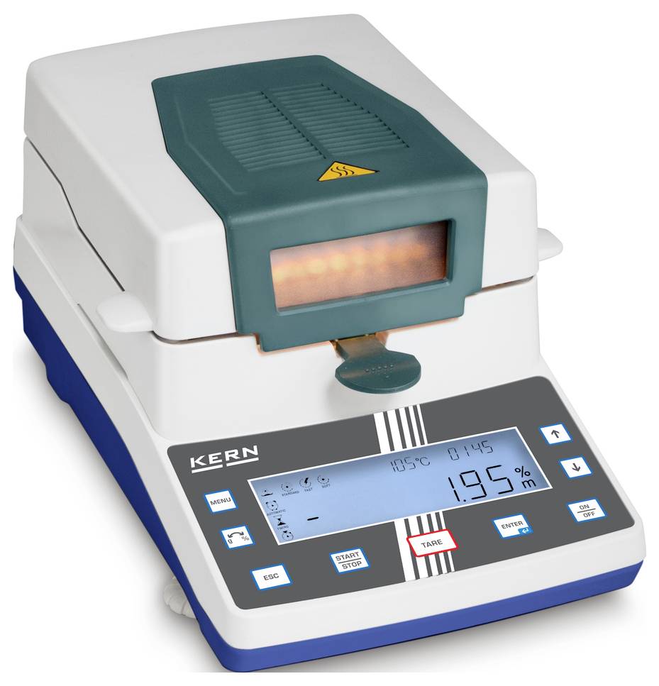 Trocknungswaage mit digitalem Display zeigt 195% an. Gerät wird zum Bestimmen des Feuchtigkeitsgehalts in Materialien genutzt.