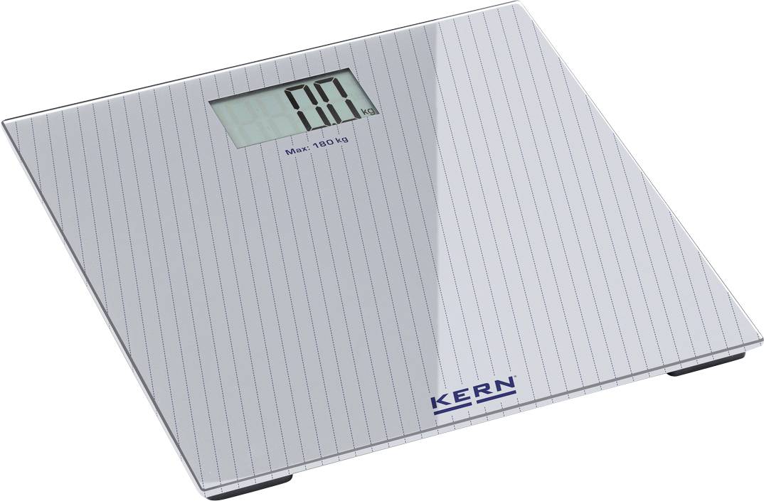 Digitale Personenwaage mit einem Display, das '0.0 kg' anzeigt. Geeignet bis 180 kg. Marke: Kern.