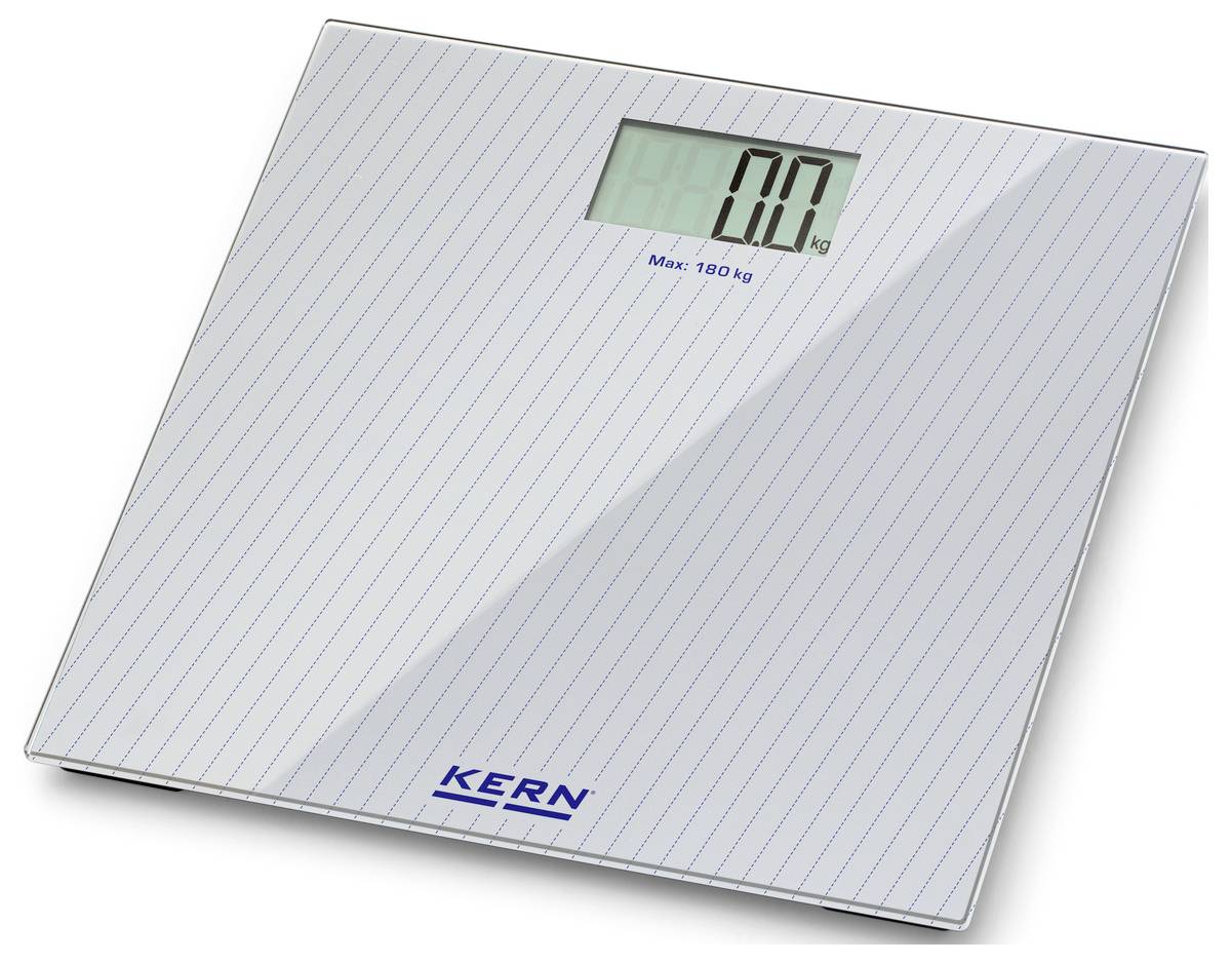 Eine digitale Personenwaage mit einem Display, das '0.0 kg' anzeigt. Maximales Gewicht: 180 kg. Marke: KERN. Schlichtes, modernes Design.