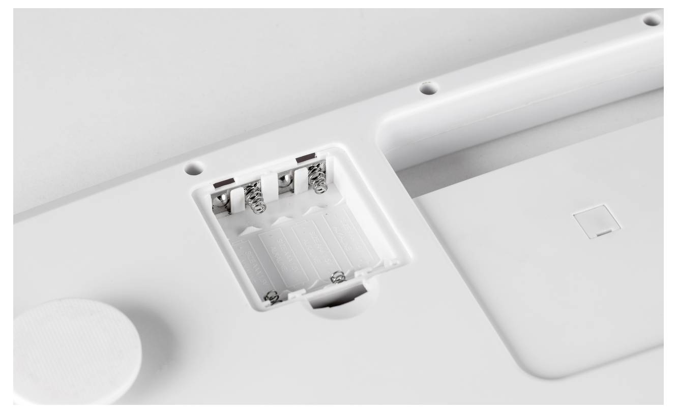 Eine geöffnete Batterieklappe eines elektronischen Geräts mit leeren Batteriehalterungen und sichtbaren Federn.