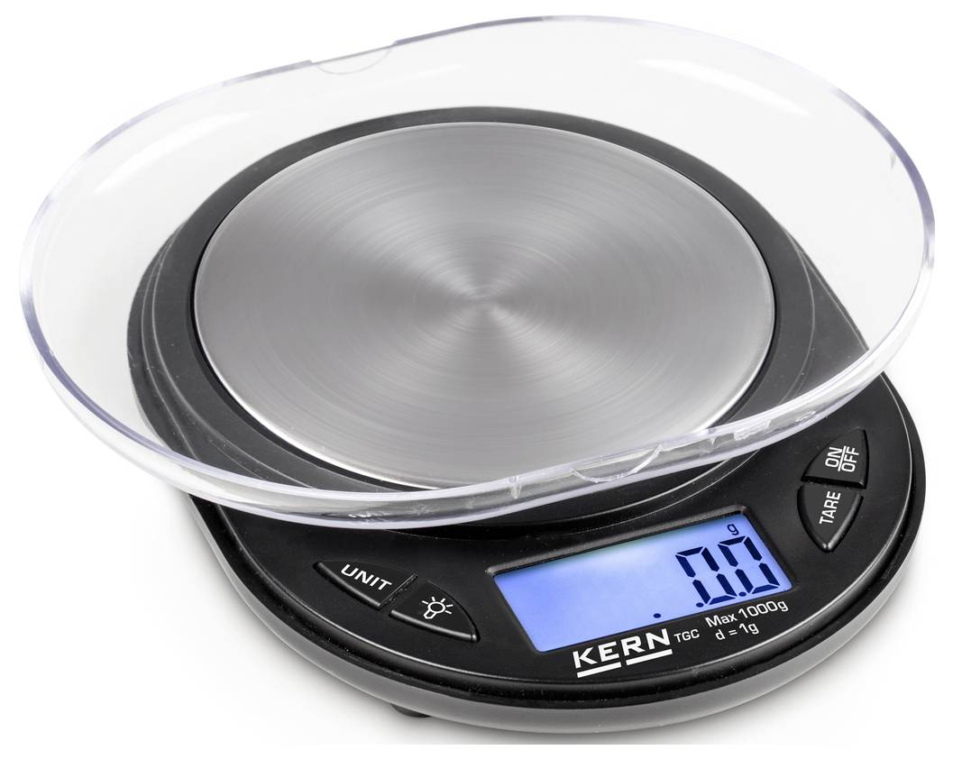 Digitale Küchenwaage mit einer runden Edelstahl-Wiegefläche und einem blauen LCD-Display, zeigt '0.0' Gramm an.