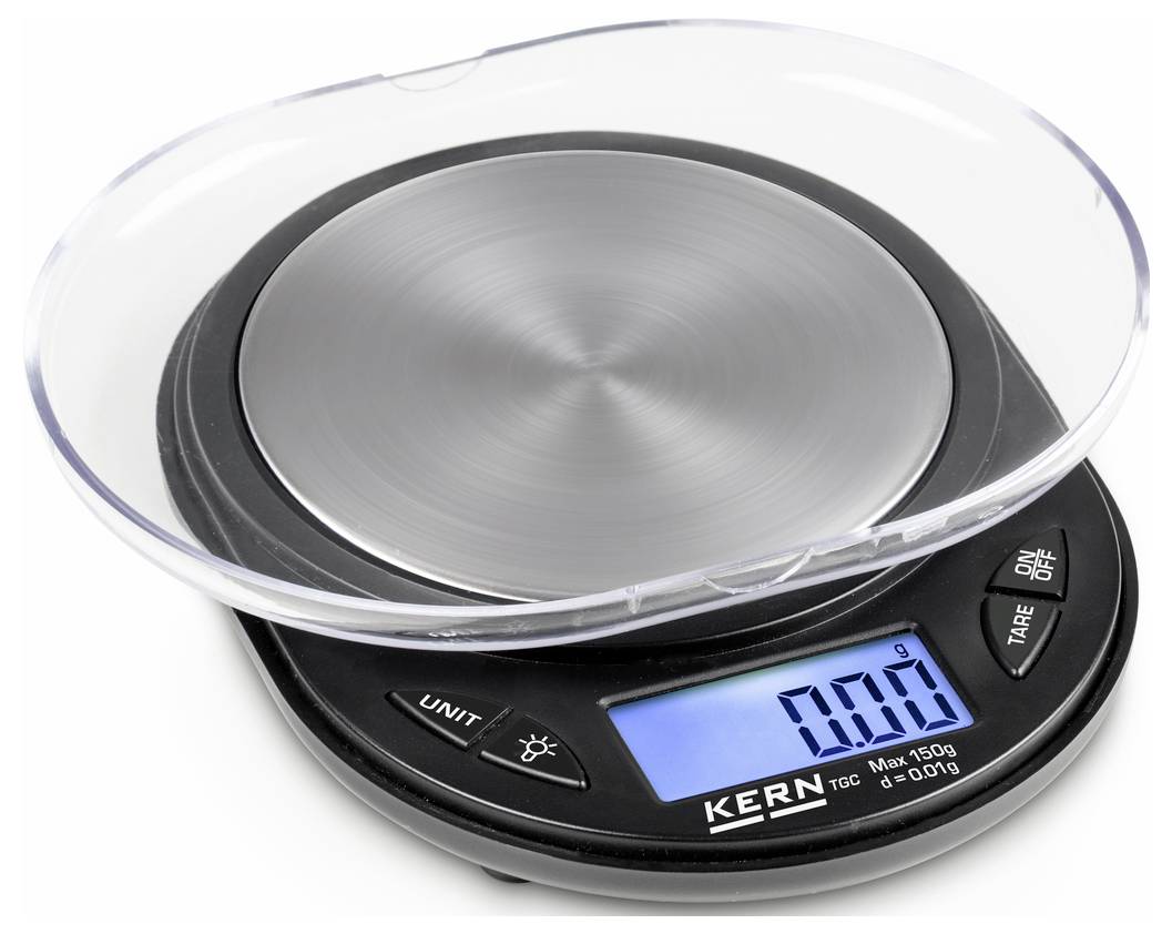 Digitale Küchenwaage mit rundem Edelstahl-Wiegefläche und blau beleuchtetem Display, das '0.00 g' anzeigt. Tasten für Einheitenwahl und An/Aus.