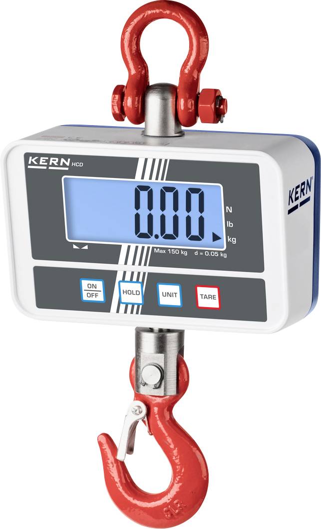 Digitale Kranwaage mit großem Display, rote Haken oben und unten, für Messungen bis 150 kg.