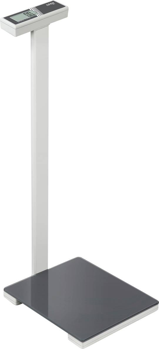 Digitale Personenwaage mit Standsäule und Display. Schwarze Glasoberfläche, silberner Rahmen. Zeigt Gewicht in Kilogramm an.