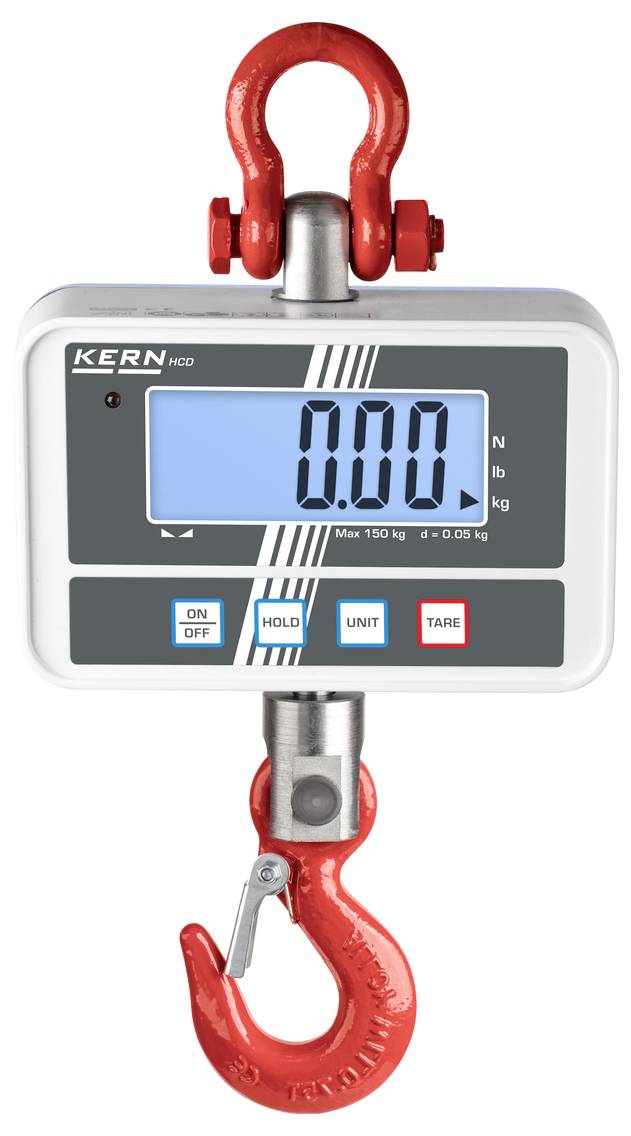 Digitale Hängewaage mit rotem Haken und Display, zeigt '0.00' kg an. Tasten: Ein/Aus, Halten, Einheit, Tara. Maximale Last: 150 kg.