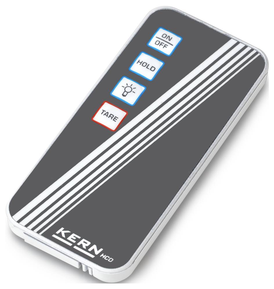 'KERN HCD' tragbarer Fernbedienung, grau mit weißen Streifen. Knöpfe: 'ON/OFF', 'HOLD', 'TARE'.