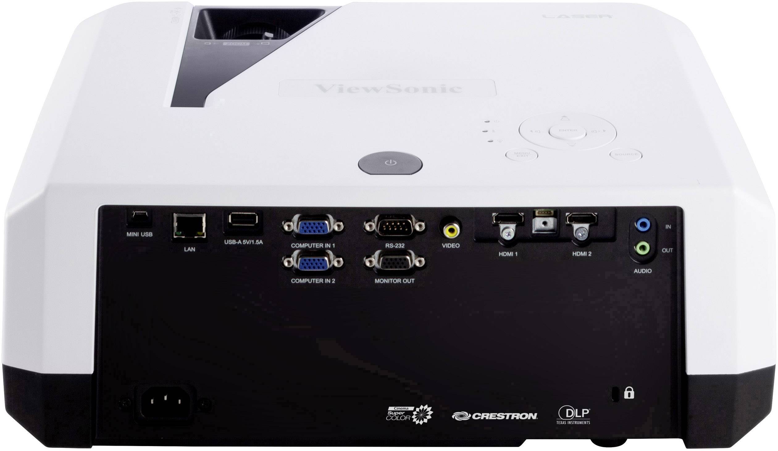 Ein Projektor von hinten, zeigt verschiedene Anschlüsse wie HDMI, VGA, USB und Audio.