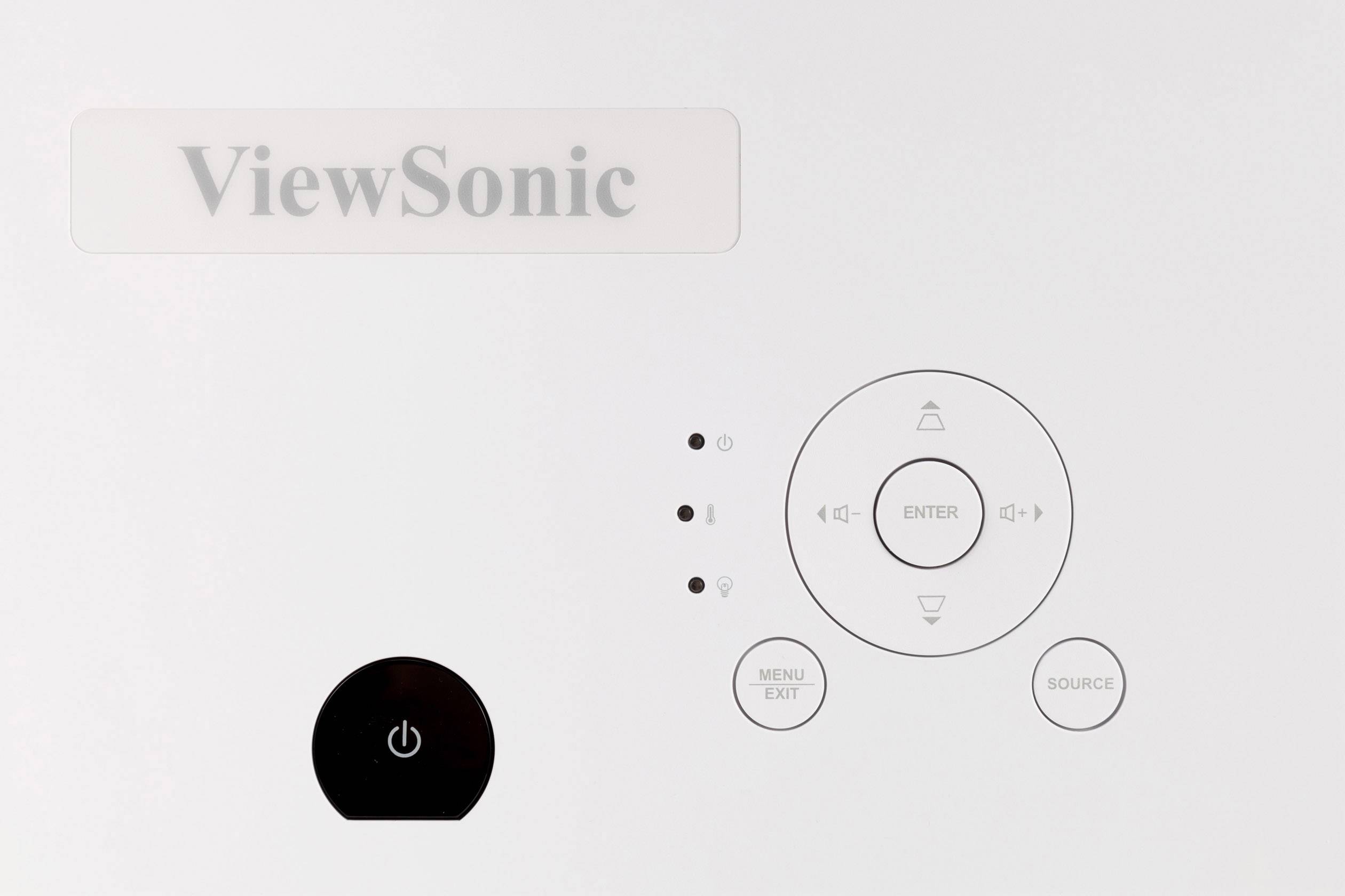 Bedienfeld eines ViewSonic-Geräts mit Steuerknöpfen für Menü, Quelle und Ein/Aus-Schalter.