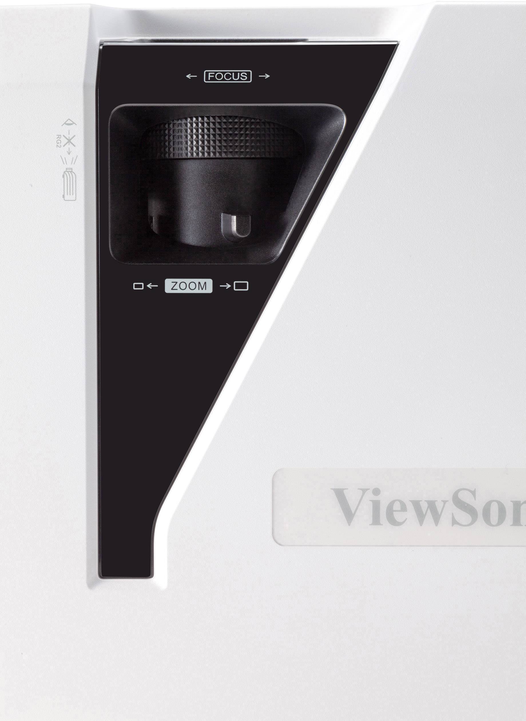 Projektor-Detailansicht mit Fokusring und Zoom-Tasten auf einem ViewSonic-Gerät.