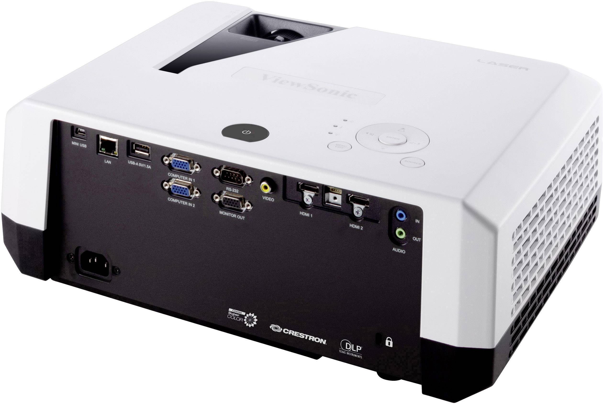 Ein an Tasten und Anschlüssen erkennbarer Projektor. Sichtbar sind Anschlüsse für HDMI, VGA, LAN und USB sowie Steuerungstasten.