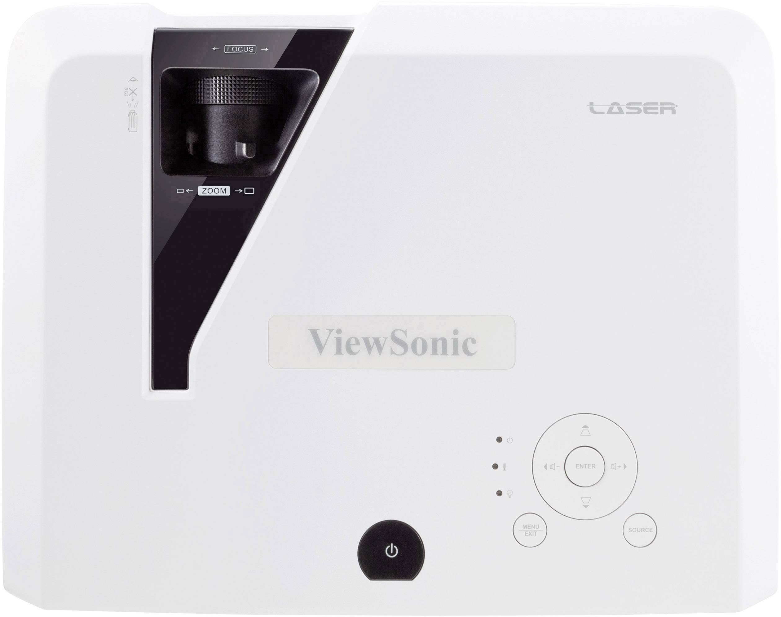Weiße Vorderseite eines ViewSonic Projektors mit Laseroptik. Enthält Steuerungstasten und ein Zoom-Rad links neben dem Objektiv.