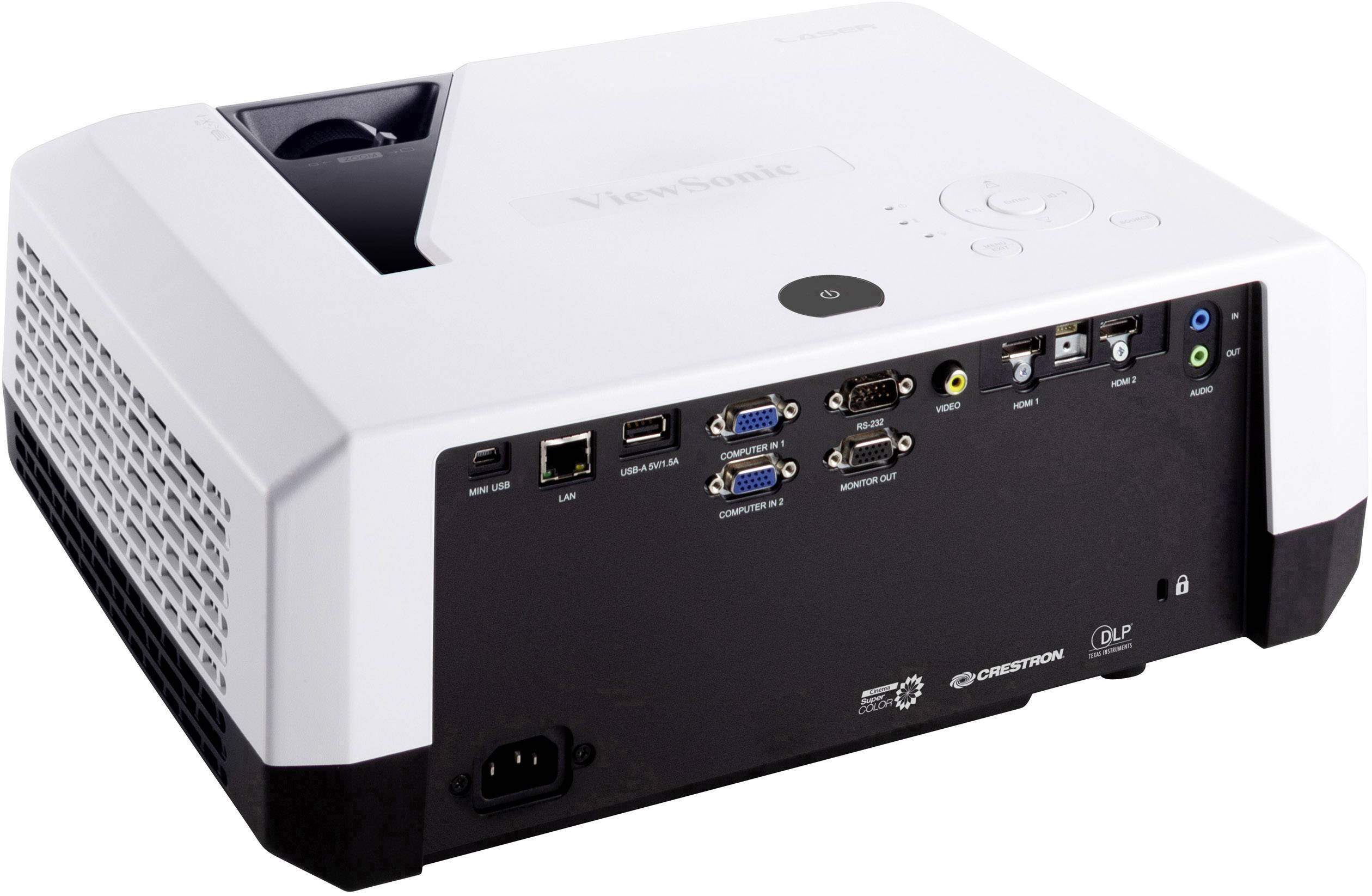 Ein weißer Projektor, Ansicht von der Rückseite, zeigt mehrere Anschlussmöglichkeiten wie HDMI, USB, VGA und Audio.