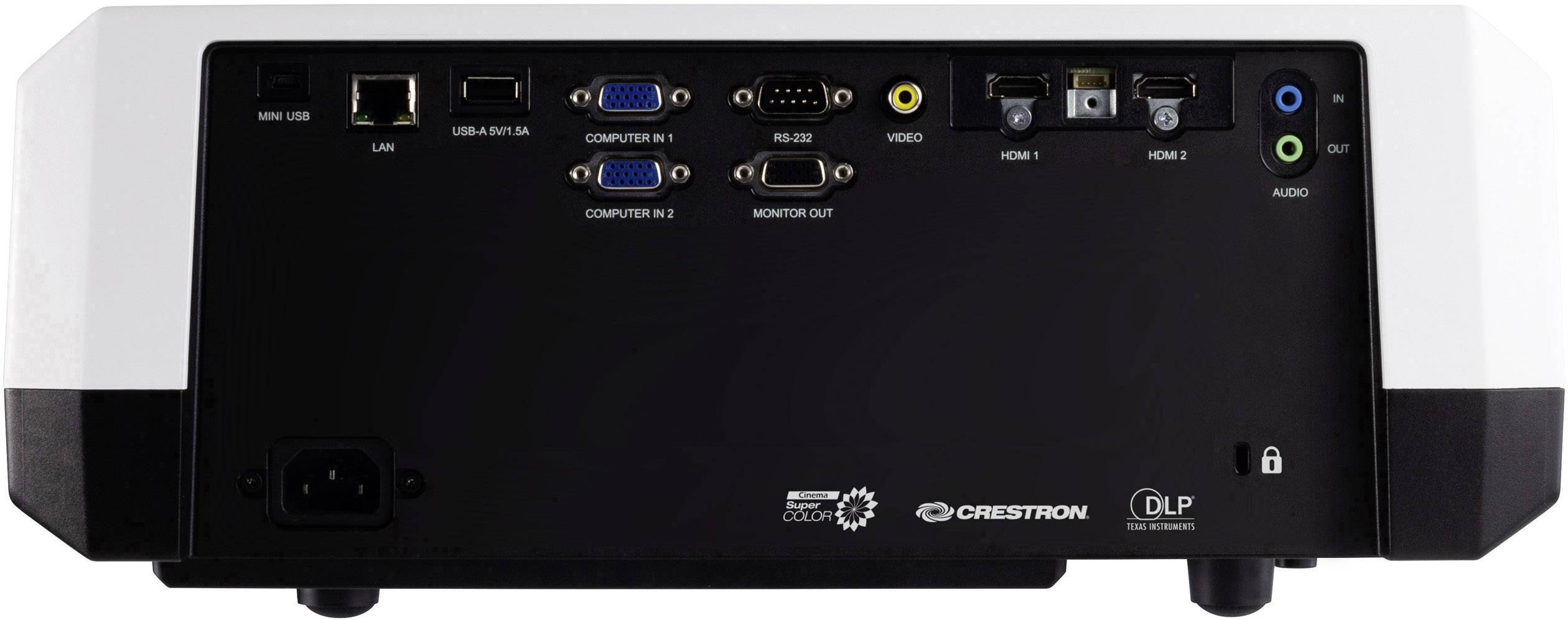 Rückseite eines Projektors mit mehreren Anschlüssen: HDMI, VGA, LAN, Audio und USB. Geeignet für vielseitige Verbindungsoptionen.