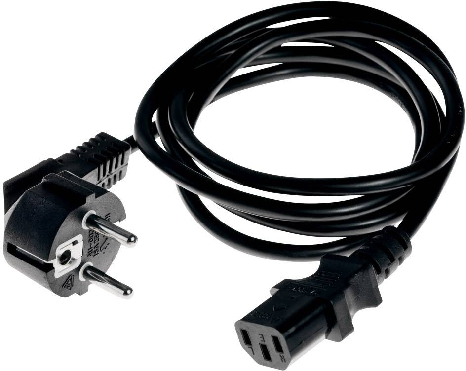 Ein schwarzes Netzkabel mit Schuko-Stecker und dreipoligem C13-Buchse, zum Anschluss von Geräten an eine Stromquelle.